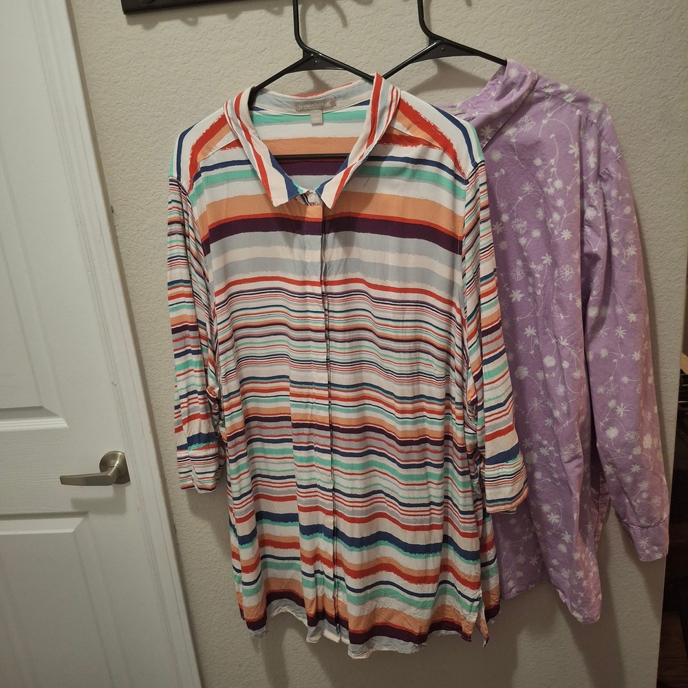 Woman Within Plus Size 4X Striped Floral Print Button Down Shirts Women Lot of 2